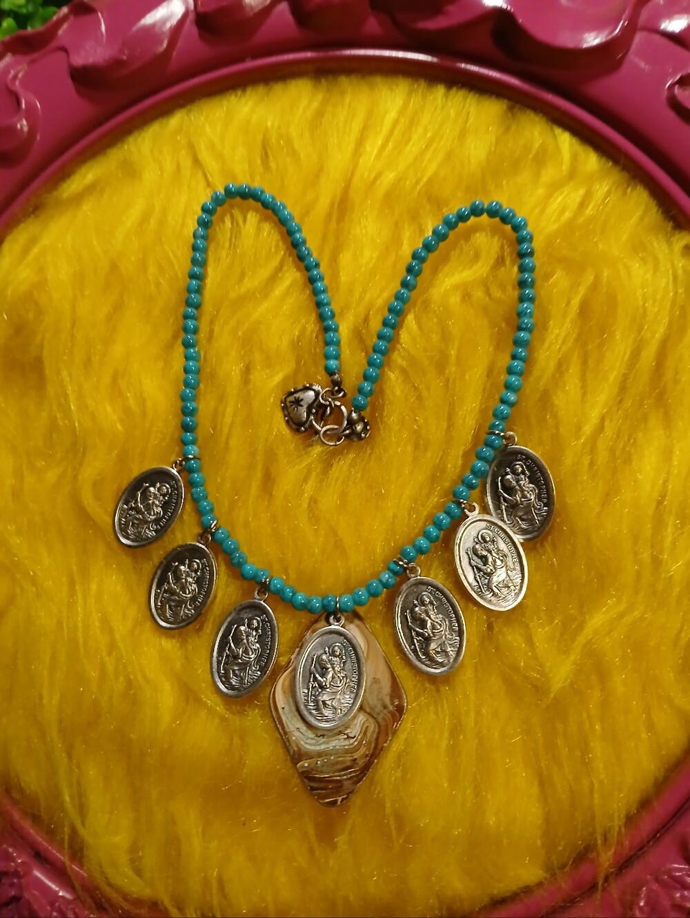 Handmade St. Christopher Charm Necklace – Turquoise Beads & Stone Pendant – One